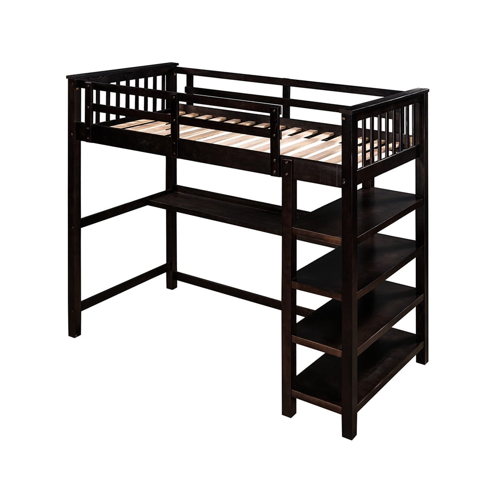 Lowestbest Twin Rubber Wood Loft Bed with Open Storage Shelves and Under-bed Desk, Espresso Lowestbest Twin Rubber Wood Loft Bed with Open Storage Shelves and Under-bed Desk, Espresso