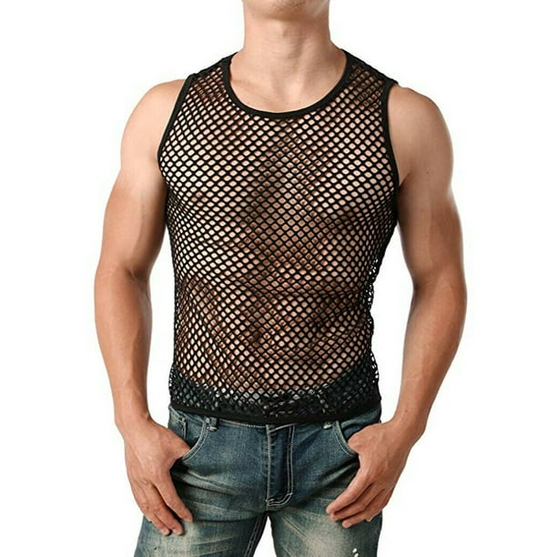 Sunloudy Men Mesh Sheer T-Shirt Gym Training Tank Top Fish Net Muscle Tee Vest Black Xl