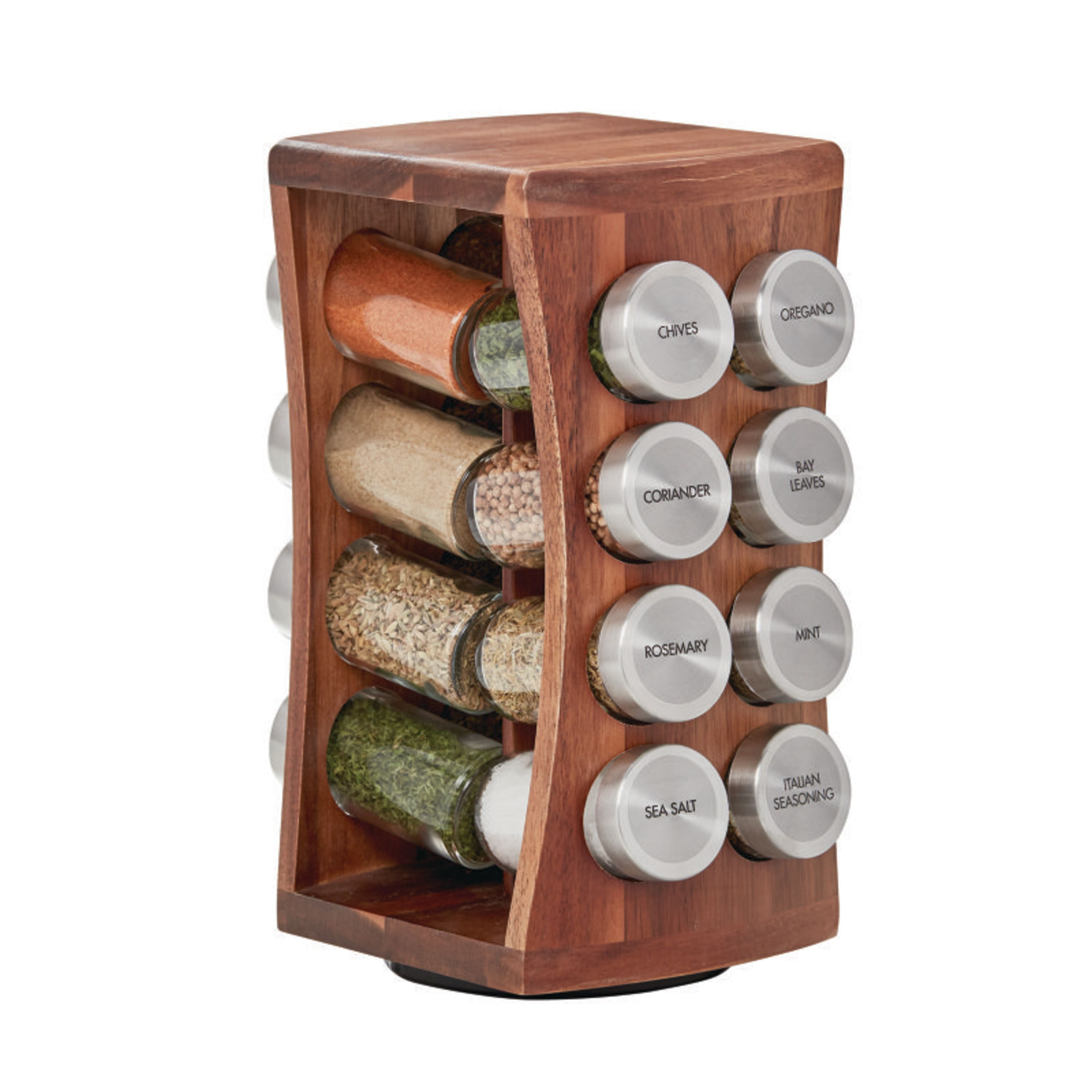 Spice Rack Carousel 16 8 Jars Wooden Stainless Steel Rotating Kitchen Storage