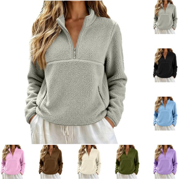 Womens Fuzzy Fleece Quarter Zip Pullover Sherpa Mockneck Sweatshirts Mock Neck Pullover Sweatshirts, Fluffy Sweatshirts with Zipper Pockets, Warm Fall Winter Jacket, Travel Gray S