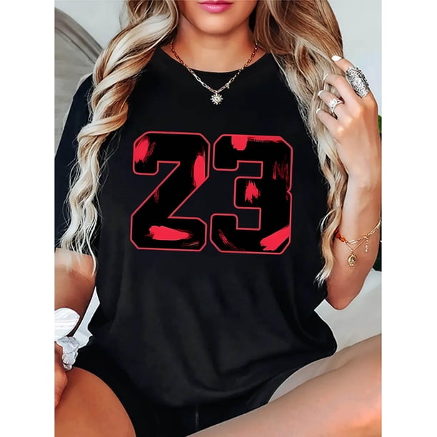 Camiseta De Mujer Camisetas Femeninas Verano Estampado De Ropa Casual Con Cuello RedondoWomen's Trendy #23 Graphic Tee - Casual Crew Neck Short Sleeve, Comfortable Summer Top, Stretchy Polyester Ble