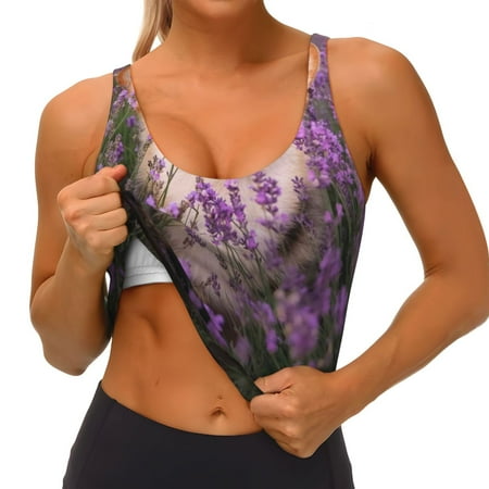 Qokaie Dog in Lavender Flowers Pattern Womens Scoop Neck Sports Bra Breathable Workout Vest Padded U Back Medium Impact Fitness Gym Yoga Bra Workout Crop Top