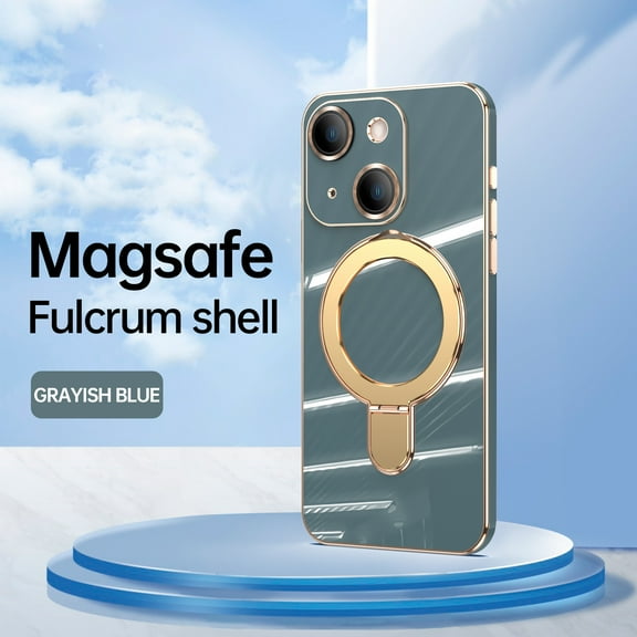 Cowithday Mag-Stand Designed for iPhone 13 Case with Camera Lens Protector, [All-in-1] [Compatible with MagSafe] Ring Kickstand Plated TPU Luxury Phone Case Cover for iPhone 13 6.1 inch, Grayblue