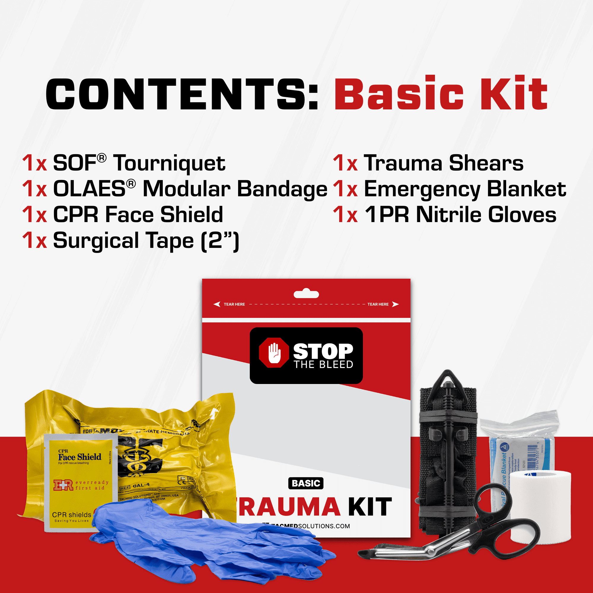 Stop The Bleed Basic Bleeding Control, Easy-to-Use Hemorrhage Control First Aid Kit with SOF Tourniquet & OLAES Modular Bandage, 7 Piece, TacMed Solutions
