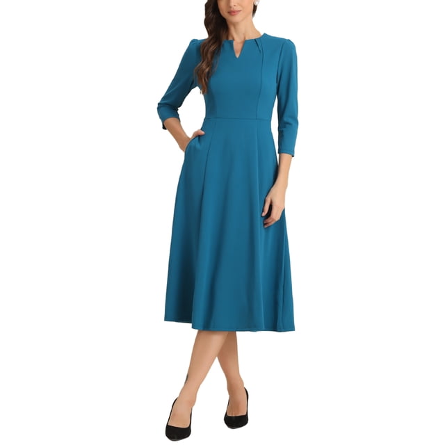Vestido de trabajo para mujeres INSPIRE CHIC, corte A, mangas 3/4, vestido midi elegante, azul pavo real M