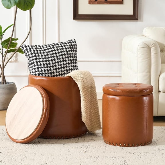 Round Ottoman with Storage Set of 2, Faux Leather Button Tufted Vanity Stool, Storage Ottoman Coffee Table, Small Leather Foot Rest Stool for Living Room, Bedroom, Brown