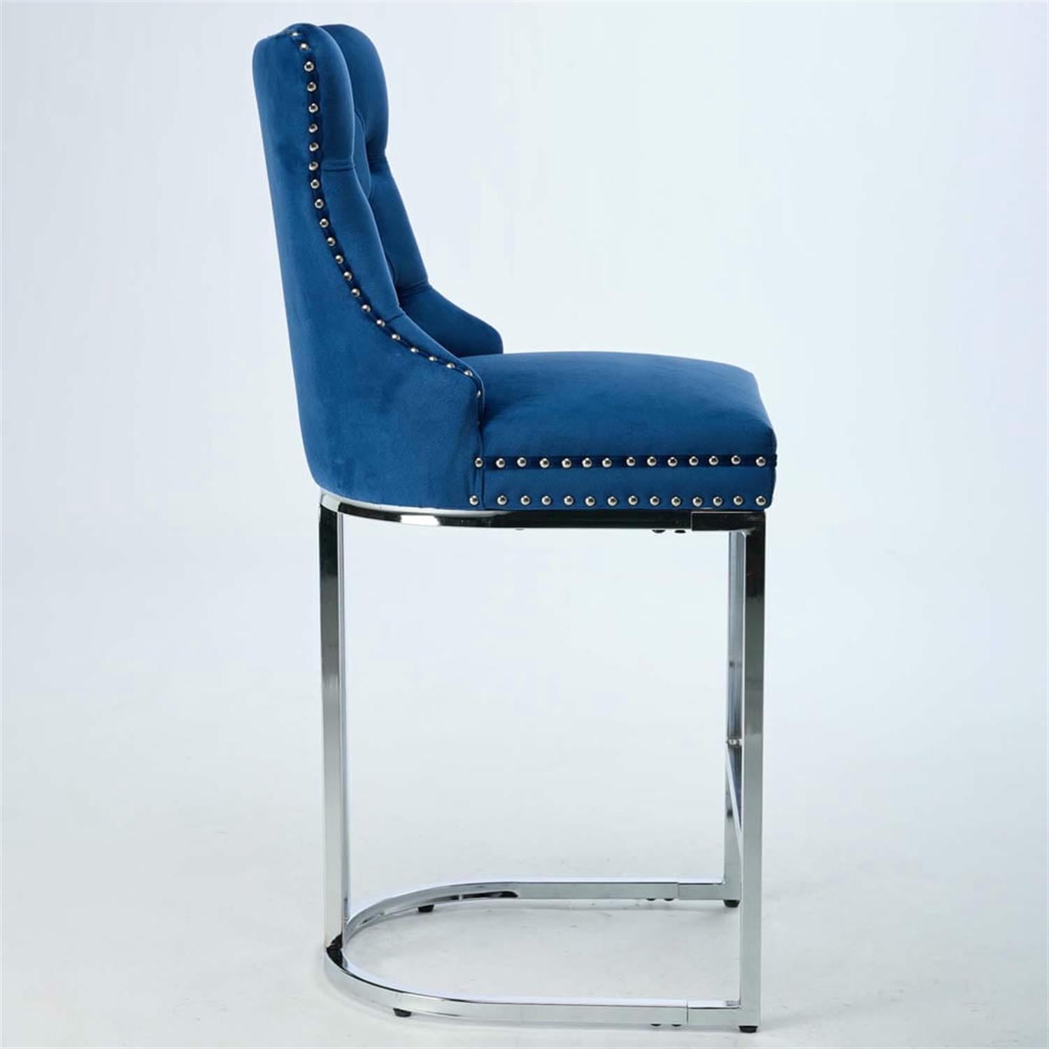 Demi Bonn 38" Counter Height Bar Stools Set of 2, Velvet Barstools with Button Back, Kitchen Island Countertop Chairs for Dining Room, Blue