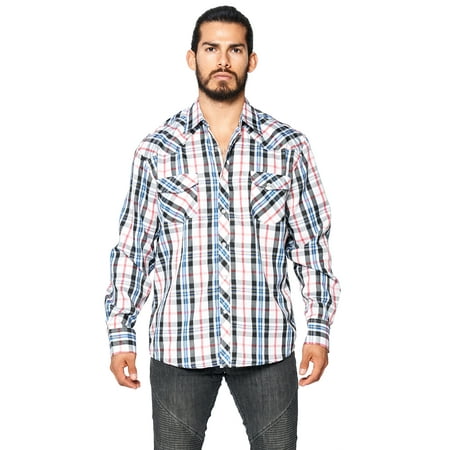 - LW Men's Classic Plaid Checkered Western Rodeo Pearl Snap Button Up Shirt (LW126 #14, L)