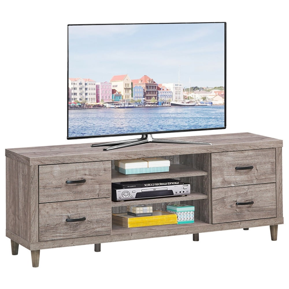Finihen TV Stand, TV Cabinet, Retro Wooden TV Stand with 3 Open Shelves and 4 Drawers, Media Entertainment Center with Storage, for Living Room, Bedroom, Brown