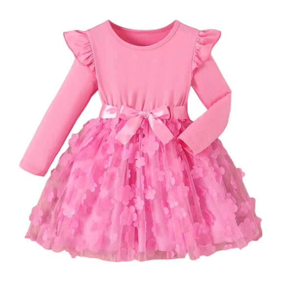 Angala Girls Elegant Long Sleeve Dress With Layered Skirt Flutter Sleeve Bow Belt Party Gown Soft Stylish Girl's Dress 2-3 Years