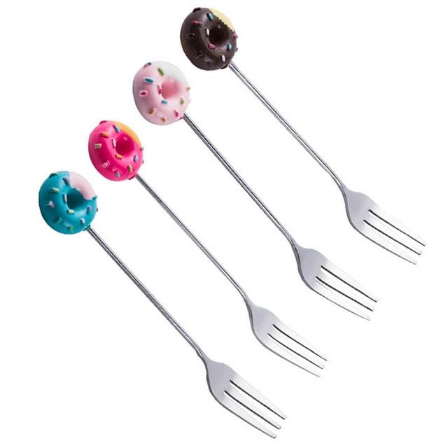 MasteelfCA 4pcs Stainless Steel Dessert Forks Cartoon Doughnut Fruit Ice Cream Forks Flatware Tableware (Pink, Brown, Blue, Red)