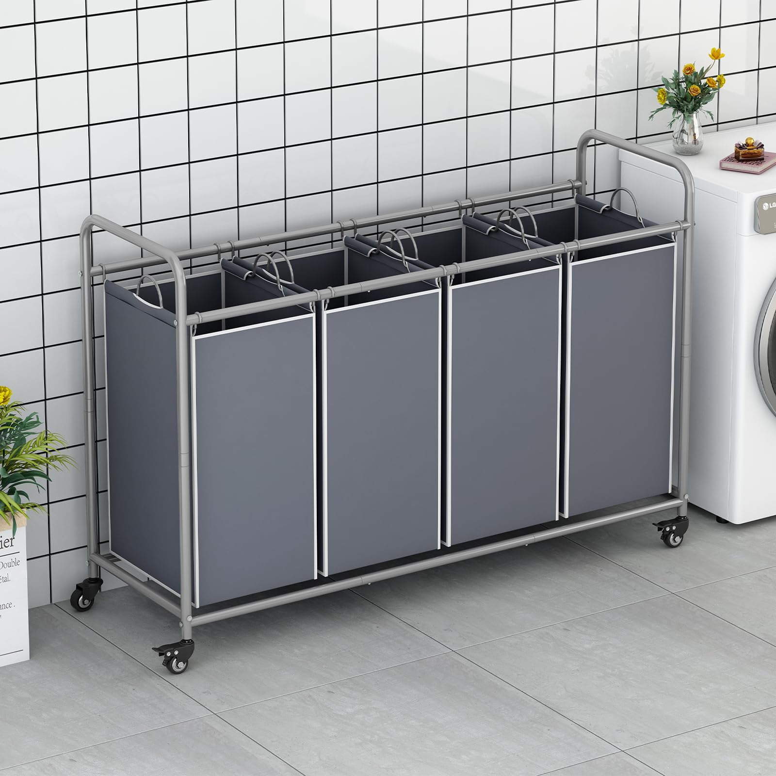 4 Bag Laundry Basket Sorter Laundry Hamper Cart with Heavy Duty Rolling Lockable Wheels and Removable Bags Organiser