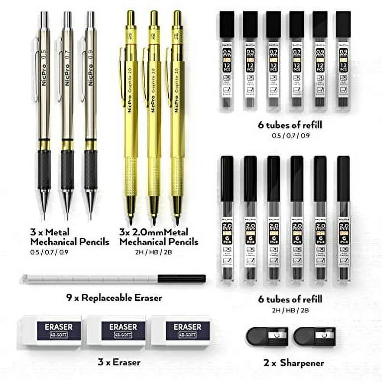 Nicpro 0.5 mm Mechanical Pencils Set with Case, 3PCS Professional Meta