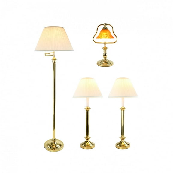 Renovator's Supply Brass Table and Floor Lighting Lamp Set w/1 Floor Lamp, 2 Traditional Table Bed Side Lamps, 1 Amber Desk Lamp