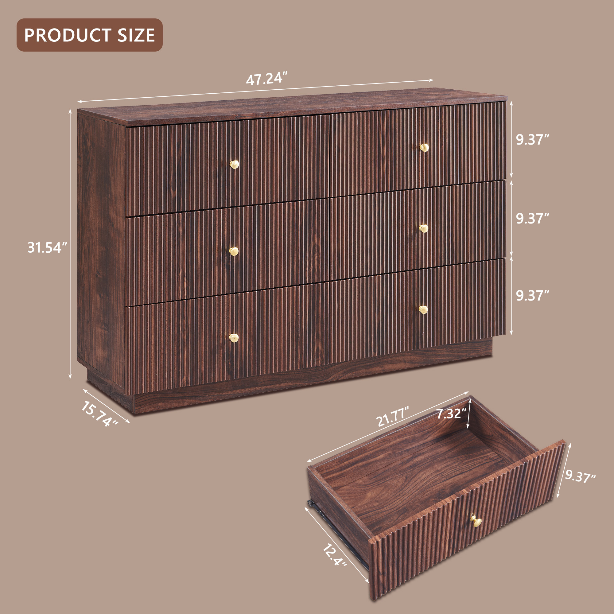 wow97e Fluted 6 Drawers Dresser, Wood 47" Tall Chest of Drawers with Deep Storage, Modern Bedroom Chest for Closet Hallway, Entryway, Living Room