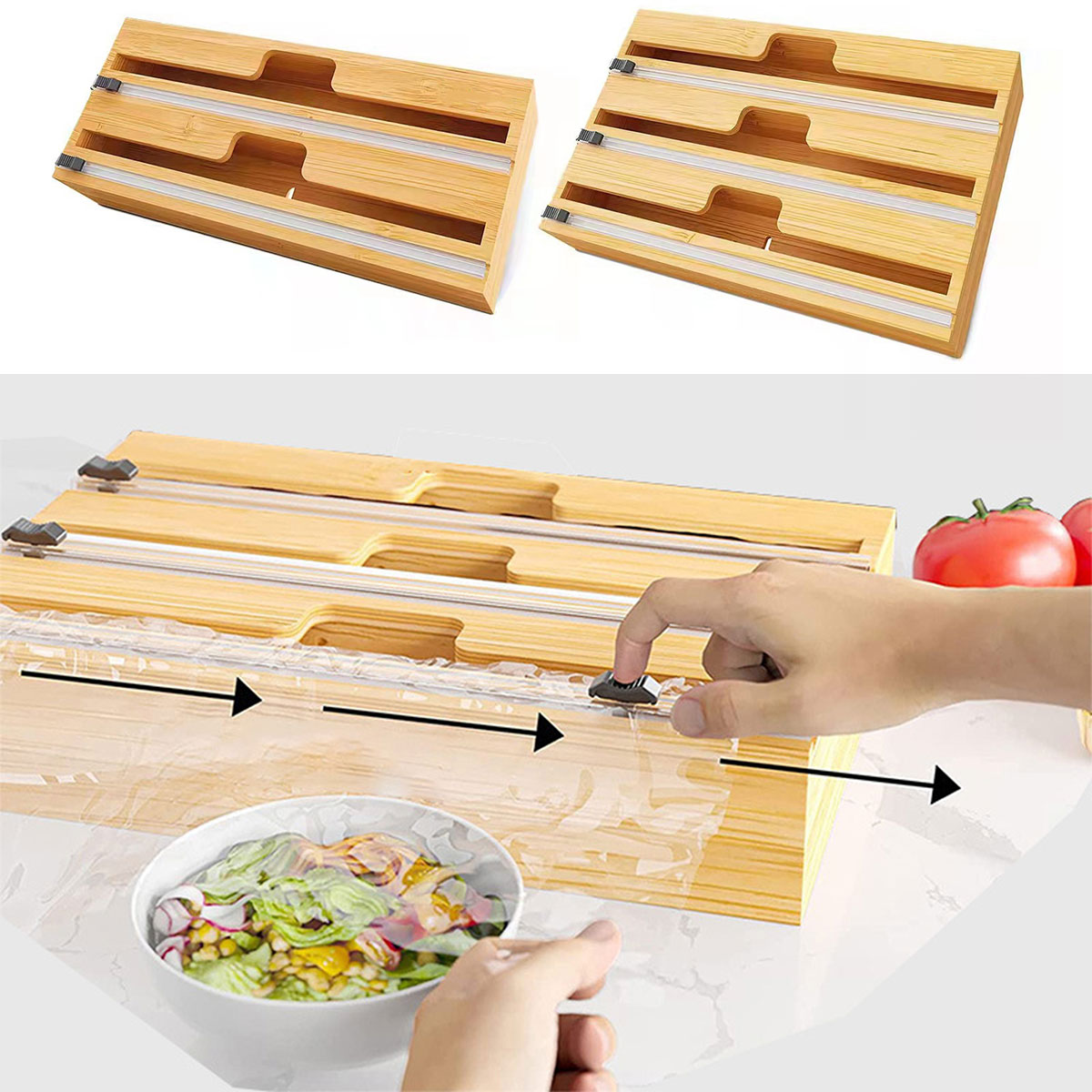 Buy ODOMY Bamboo Plastic Wrap Dispenser with Sliding Cutter,2 in 1 Aluminum Foil and Wax Paper