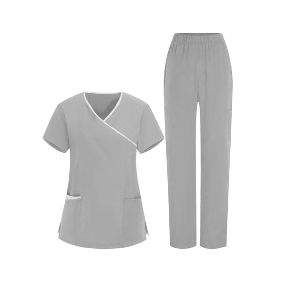 Nfurl Scrubs Sets for Women Tops and Pants Nursing Uniform Scrub Matching Set with Pockets Short Sleeve V Neck Nurse Uniform Workwear 2 Piece Gray XXL