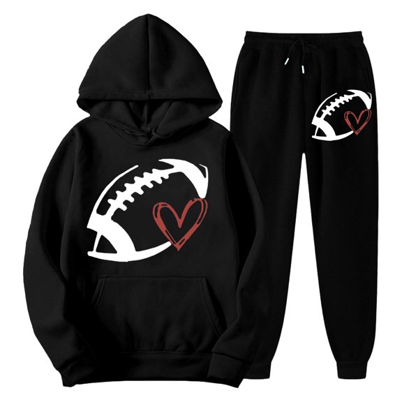 Women's Sweatsuits 2 Piece Game Day Football Print Hooded Track Suits Long Sleeve Fashion Travel Outfit Winter Clothes