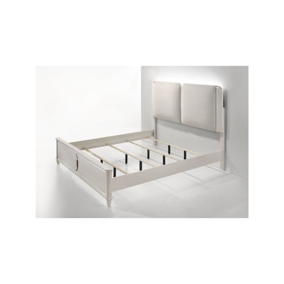 Acme Furniture Laveda Eastern King Bed w/LED in Light Gray Boucle & Pearl White Finish