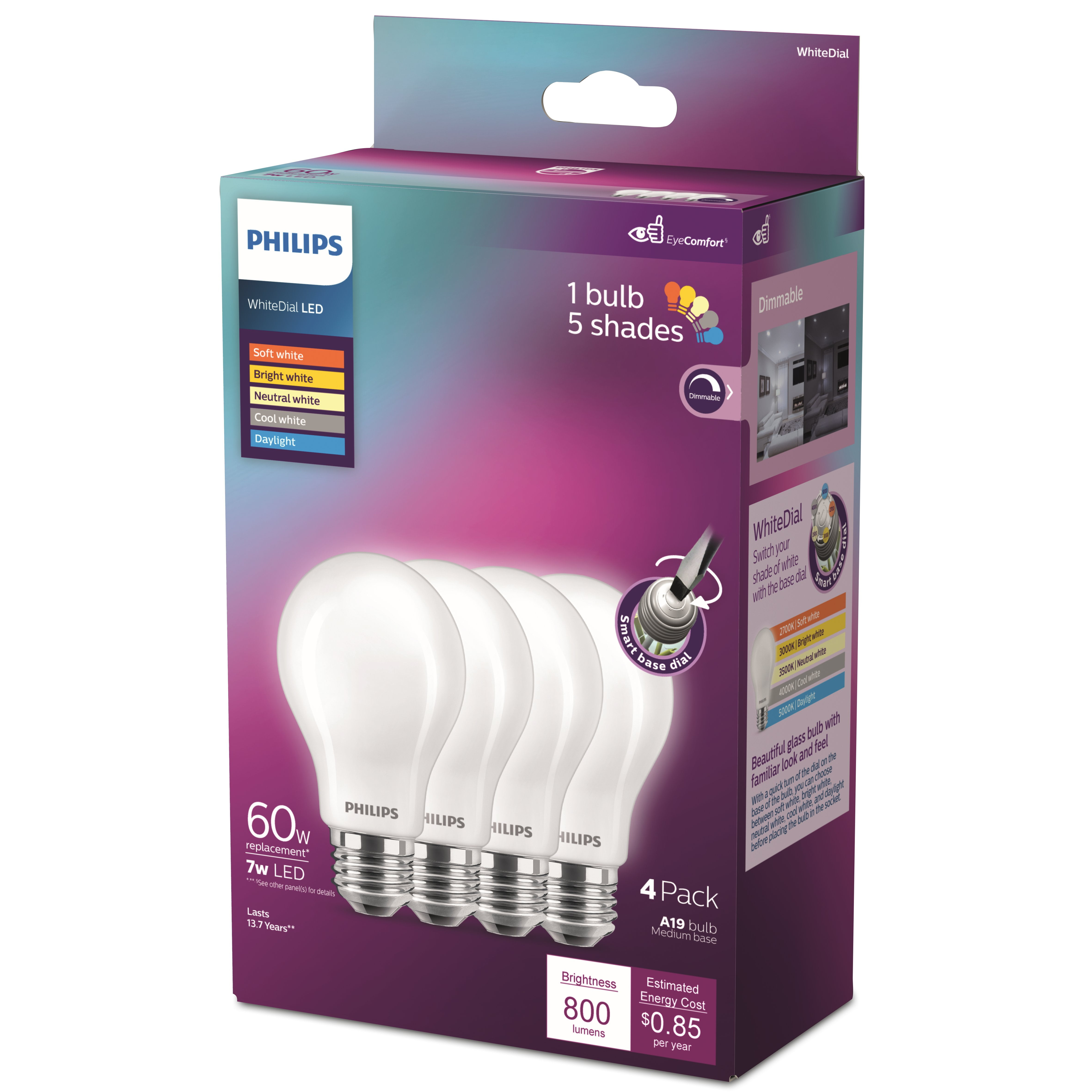 Insecten tellen bewaker Beschuldiging Philips LED 60-Watt A19 Light Bulb, Frosted & Tunable White Dial, Dimmable,  E26 Medium Base (4-Pack) - Walmart.com