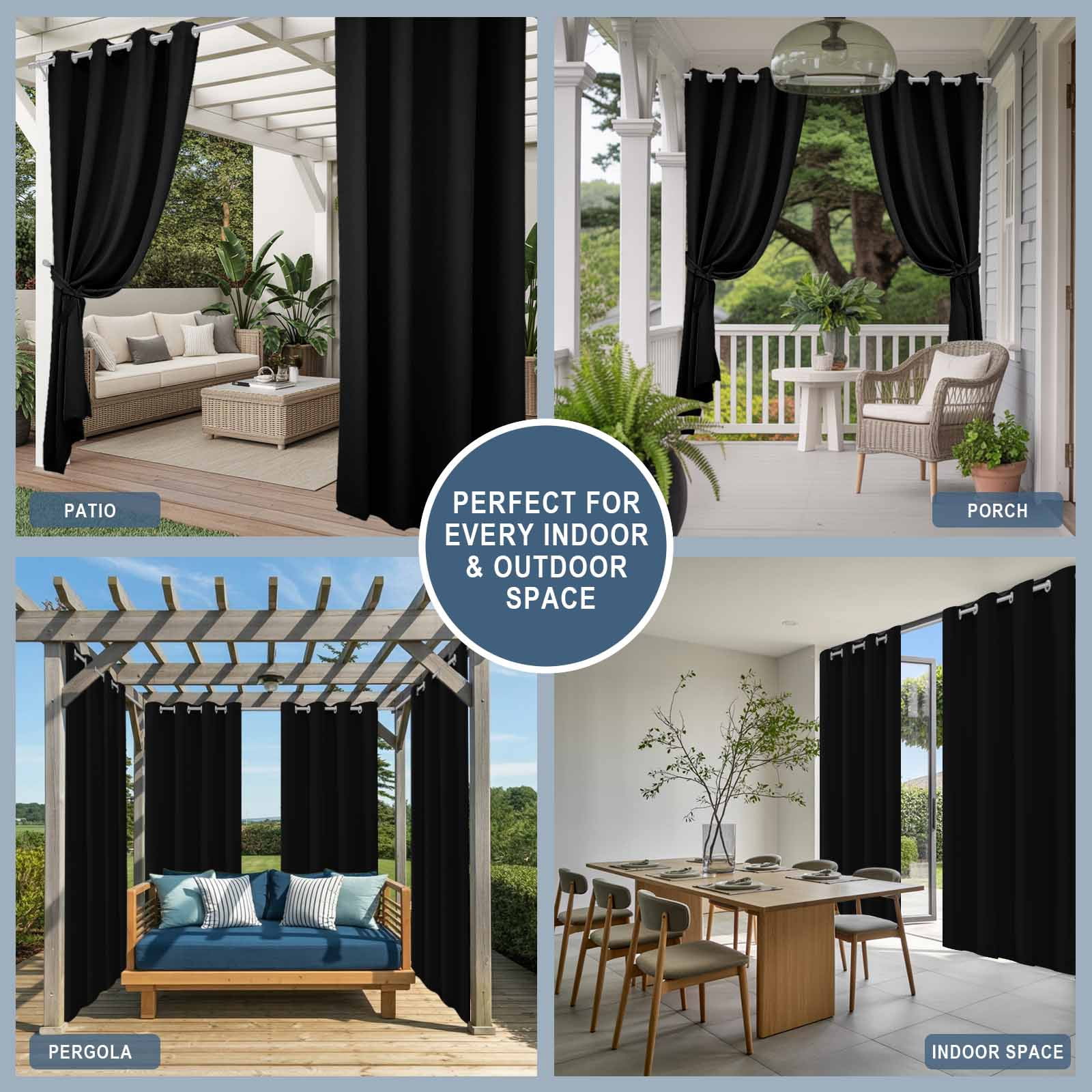 Black Outdoor Curtains for Patio Waterproof, Windproof Privacy Curtains with Weighted Bottom, Pure Black Outside Drapes for Picnic Garage Backyard Cabana 54"x95" 2 Panel