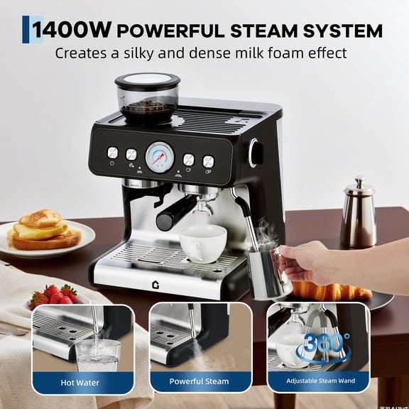 20 Bar Espresso Machine with Built-in Grinder, Stainless Steel Coffee Maker with Milk Frother for Ho