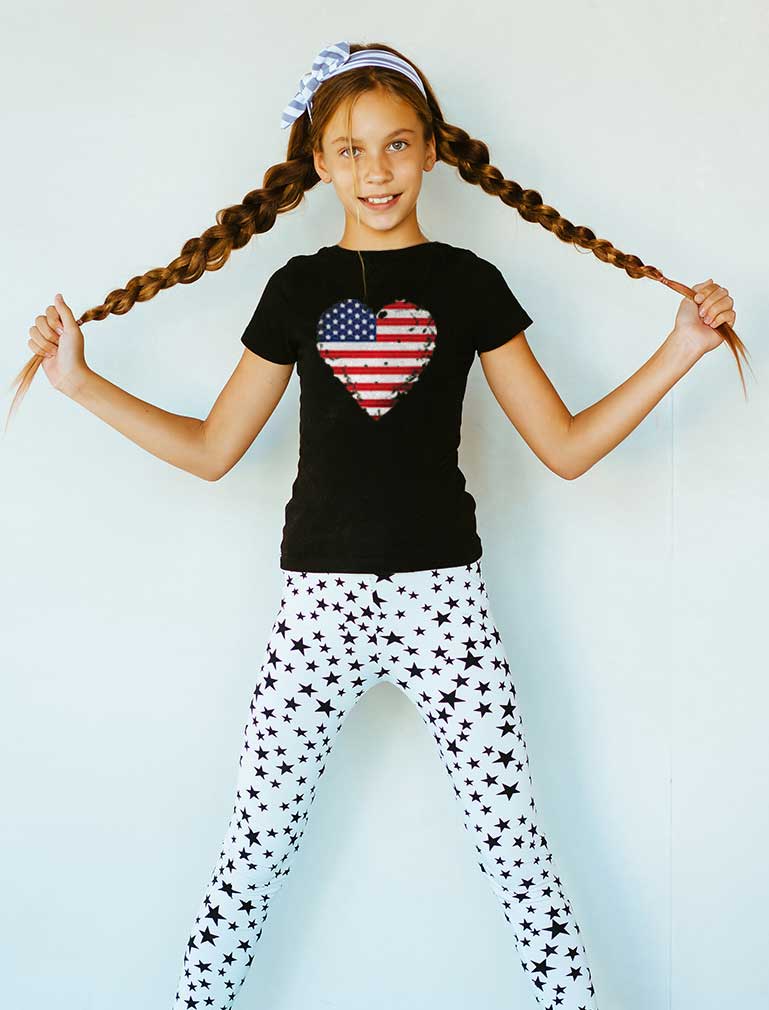 Love USA 4th of July Tstars Girls Fitted T-shirt - American Heart Flag Graphic Tee - Ideal Independence Day Gift for Patriotic Young Girls - Kids Holiday Apparel - XL (11-12) Black - image 3 of 6