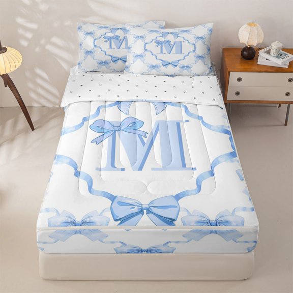 Manfei Letter M Monogrammed Zipper Twin Comforter Sets with Fitted Sheet and 2 Pillowcases For Girl,Girly Bowknot Zipper Bedding Set Fir Kids,Reversible,4-Piece
