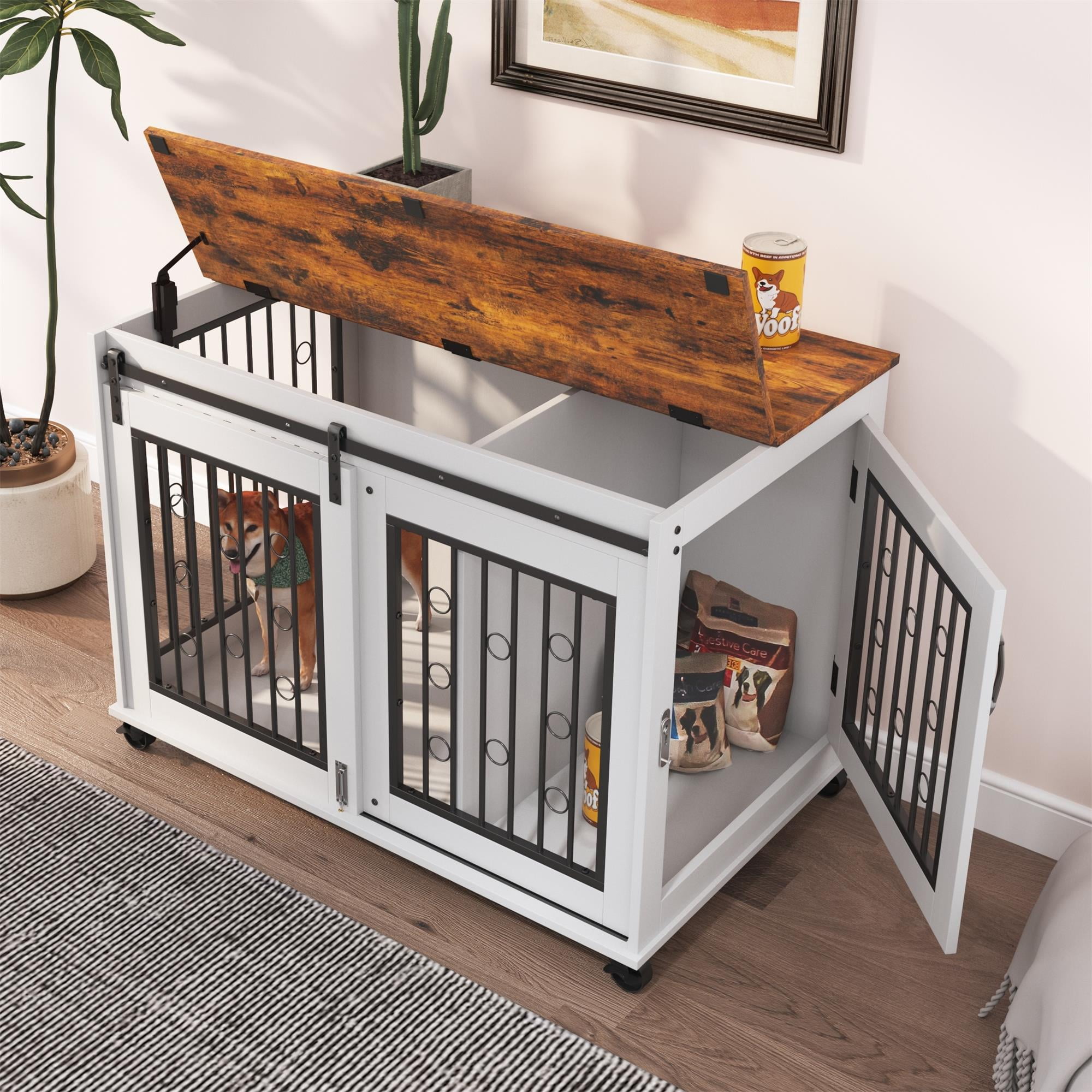 Pefilos 39" Sliding Door Dog Crate with Partition for Two Puppies, Furniture Style Dog Cage with Wheels, Indoor Kennel, White + Brown Pefilos 39" Sliding Door Dog Crate with Partition for Two Puppies, Furniture Style Dog Cage with Wheels, Indoor Kennel, White + Brown