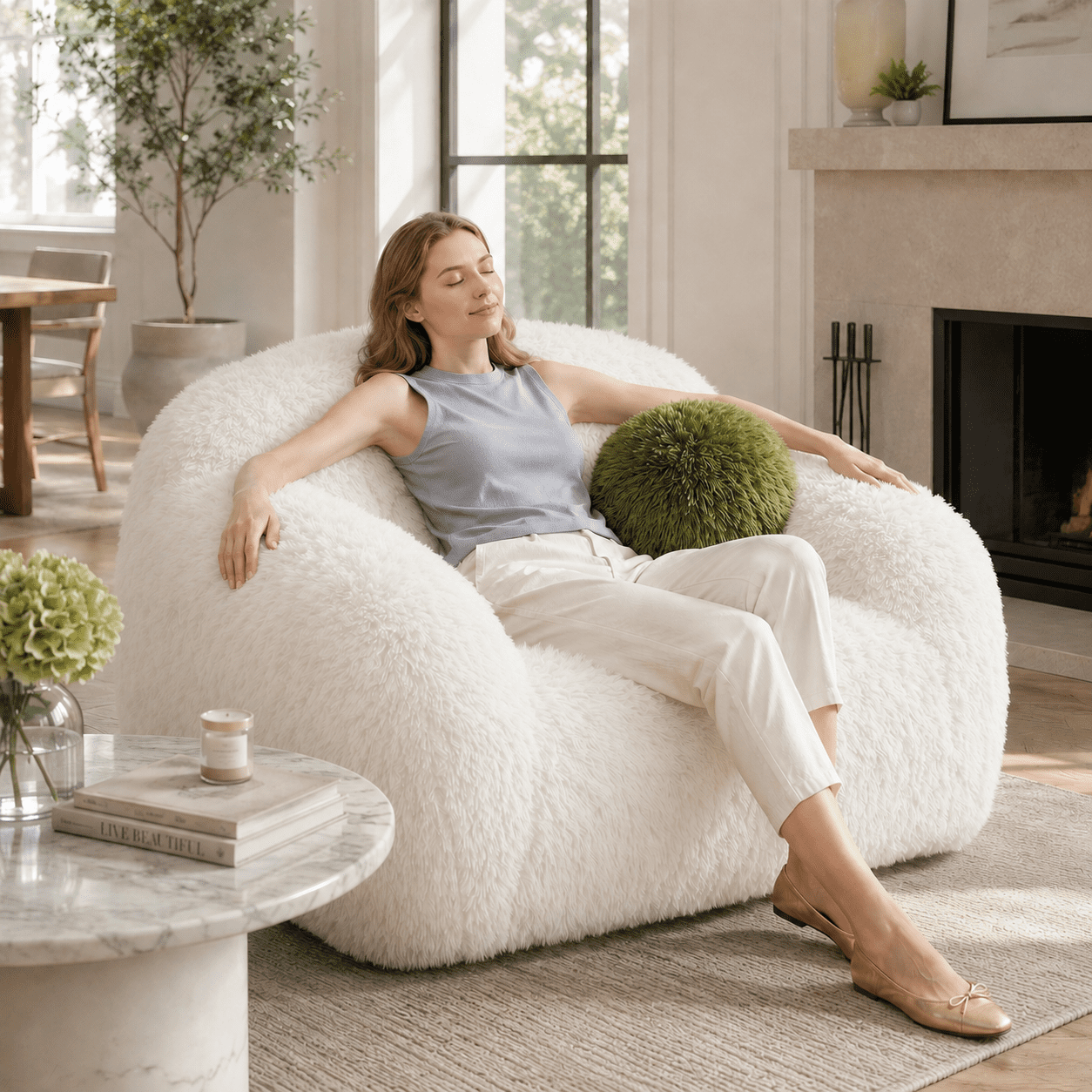 Aenkyo Oversized 360 Degree Swivel Accent Chair, Plush Faux Fur Barrel Sofa Chair, 25" Deep Seat, White