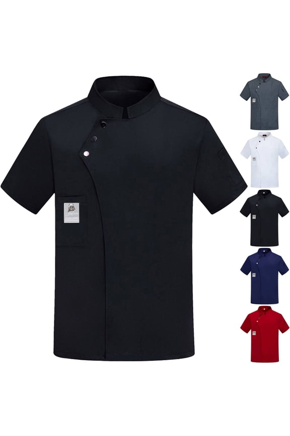 Men's Chef Coat Uniform Short Sleeve Cook Jacket Restaurant Kitchen Work Breathable Clothes Black L