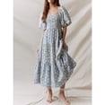 thumbnail image 2 of Blue Floral Print Square Neck Puff Sleeve Tiered Smocked A-Line Maxi Dress For Women, 2 of 8