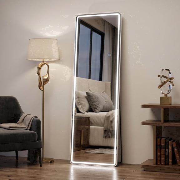 CuteDAY Full Length Mirror with LED Lights, 58"x18" Lighted Floor Mirror with Dimming & 3 Color Lighting, Stand for Bedroom, Dressing Room