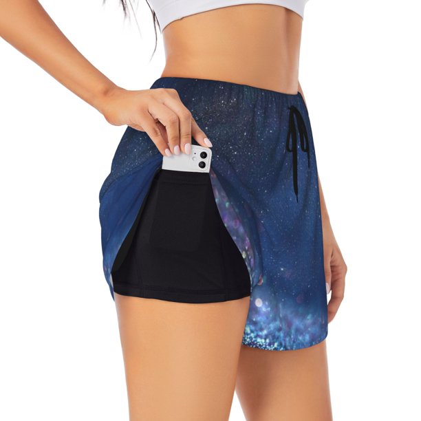 Balery Retro Blue Glitter Pantalones cortos deportivos para mujer con forro y dos bolsillos, elásticos, para entrenamiento, gimnasio, yoga-Small