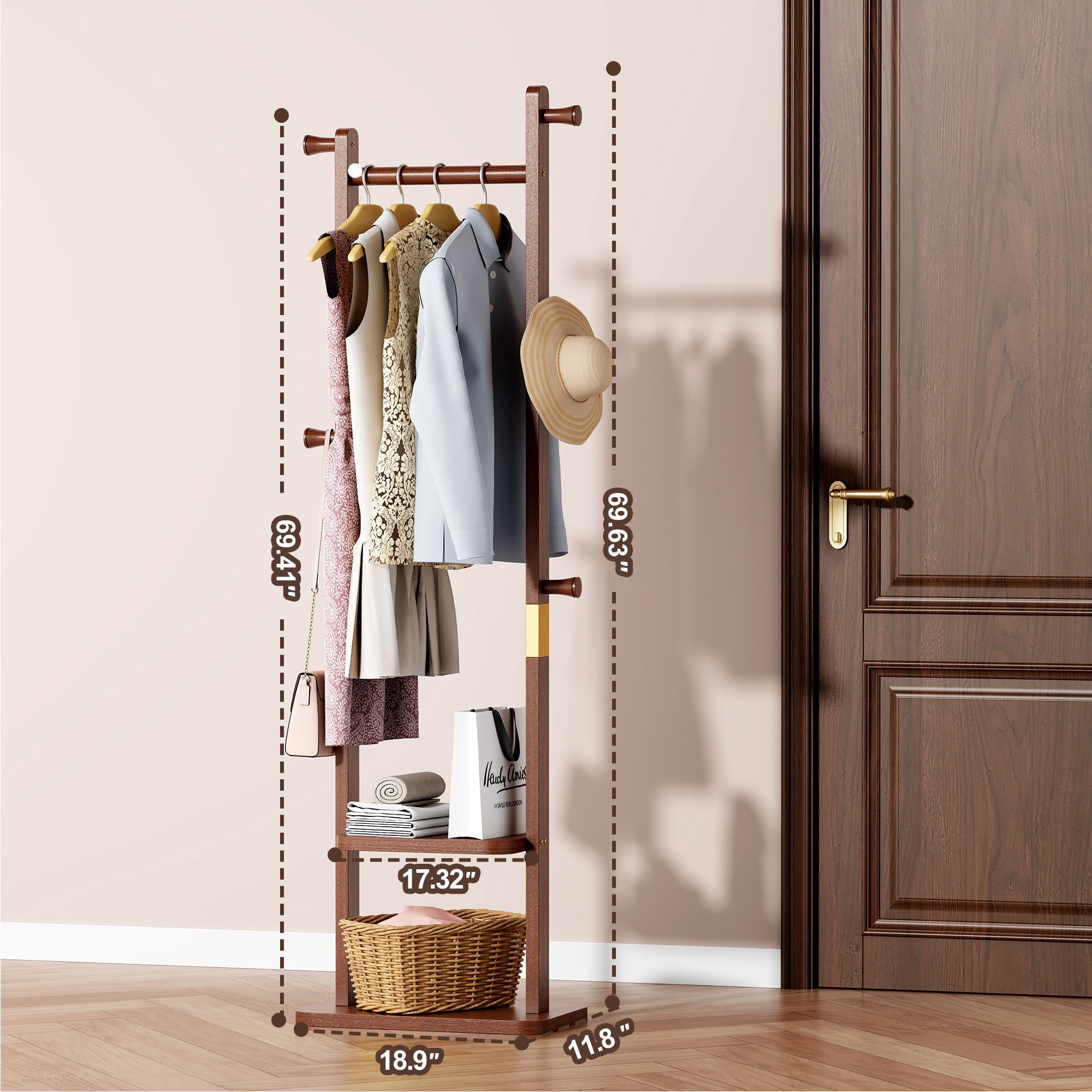 GARITIN Coat Rack and Hall Tree 23.6 Inch, Solid Wood Freestanding Coat Stand with Hooks for Entryway Living Room Bedroom, Walnut