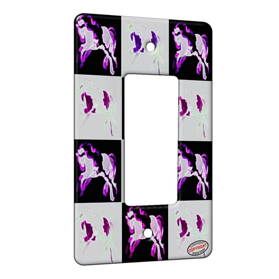 KuzmarK™ 1 Gang Rocker Wall Plate - Prancing Piebald Gypsy Vanner Stallion in Purple and Blue Abstract Horse Electric Art by Denise Every