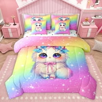 Feelyou Cartoon Bow Kitten Bedding Comforter Set 7 Pieces, Cute Cat Animal Lover Full Bedding Set, Dreamy Stars Starry Sky Reversible Fitted Sheet Flat Sheet, Lightweight Room Decor