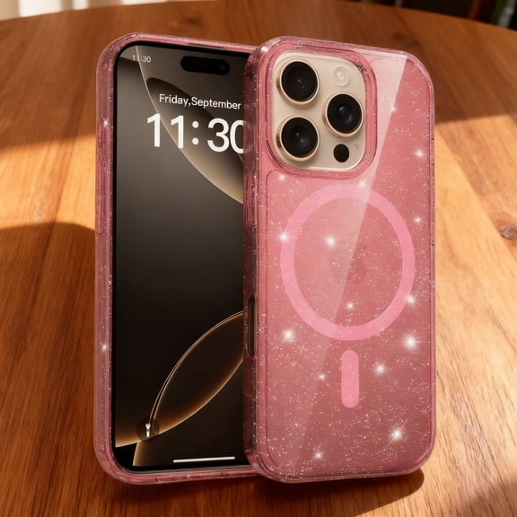 For iPhone 14 Phone Case,Women Cute Glitter Sparkly Shockproof Protective Case,Compatible with Mag-Safe,Thin Fit PC TPU Hybrid Anti-fall Drop Protection,Durable Phone Case,Pink