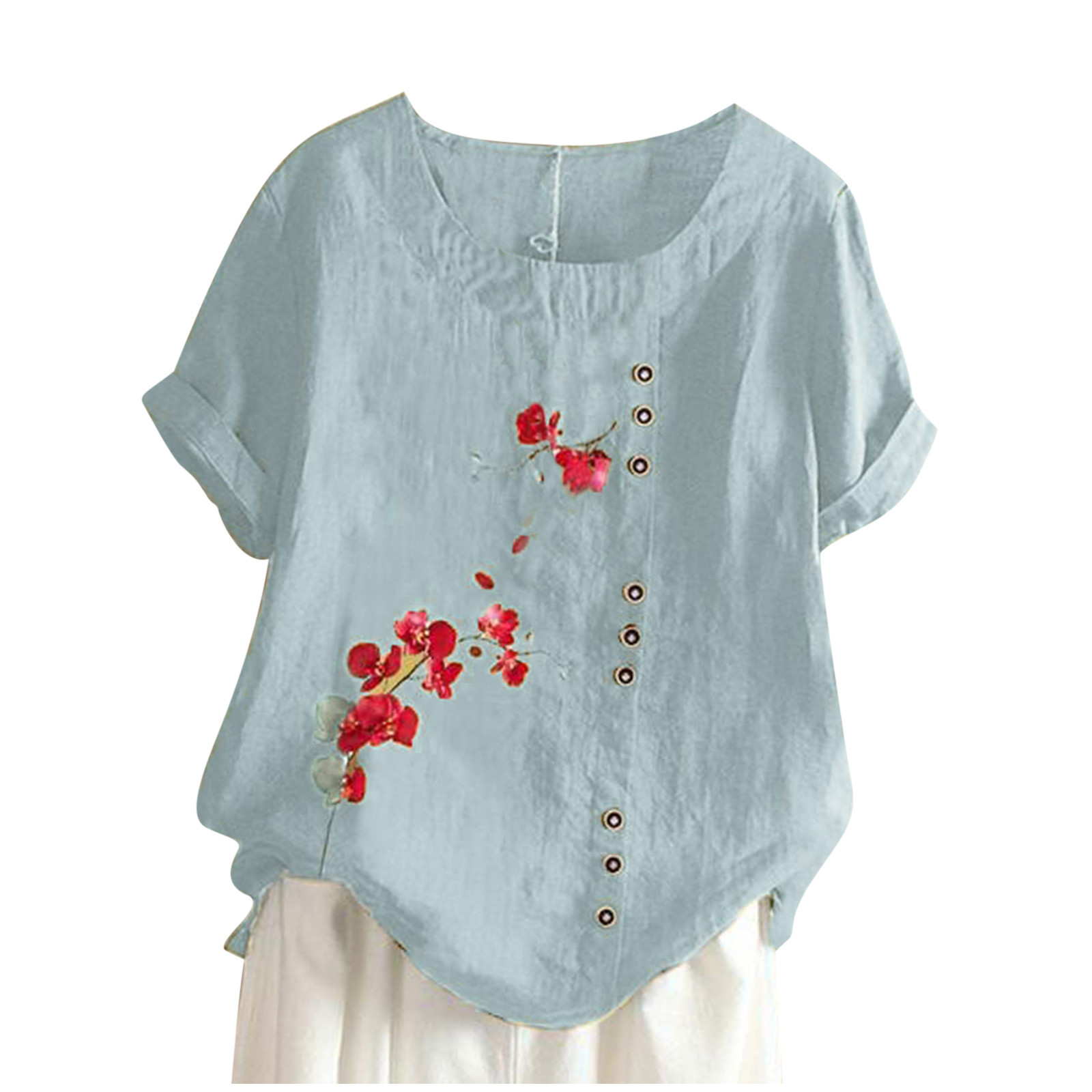 Cotton Linen Shirts for Women Plus Size Summer Floral Print Button