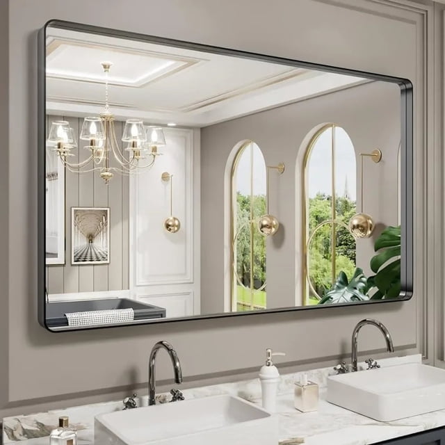 Metal Framed Bathroom Mirror for Wall, 60X36 Inch Rounded Rectangle Mirror, Tempered Glass, Hangs Horizontally or Vertically My Lux Decor Round