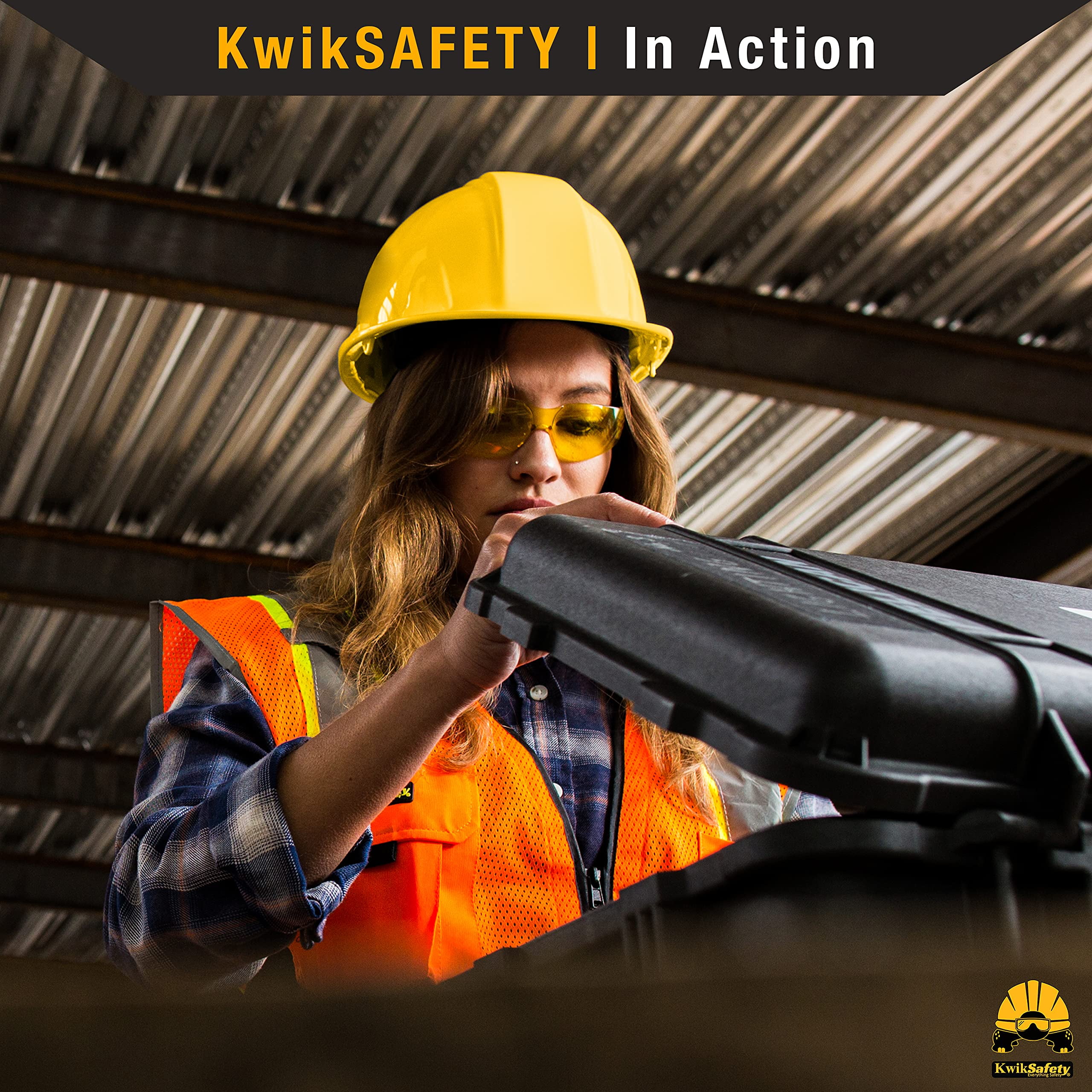 KwikSafety (Charlotte, NC) TURTLE SHELL VEST KIT (10 Vents) Standard Cap ANSI Hard Hat, Safety Glasses, Vests, Tool Lanyard, Sunshade, Sweatband, Earplugs Construction Gear, Type1, Class C, YELLOW
