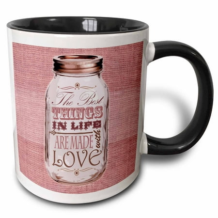 3dRose Mason Jar on Burlap Print Pink - The Best Things in Life are Made with Love - Gifts for the Cook - Two Tone Black Mug,