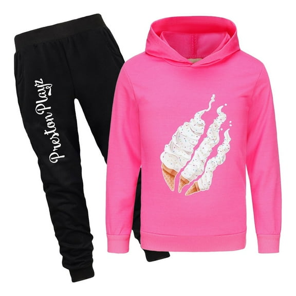 Kids PrestonPlayz Outfit Set Game Hoodie with Flame Print and Jogger Pants Boys Girls Pullover Tracksuit