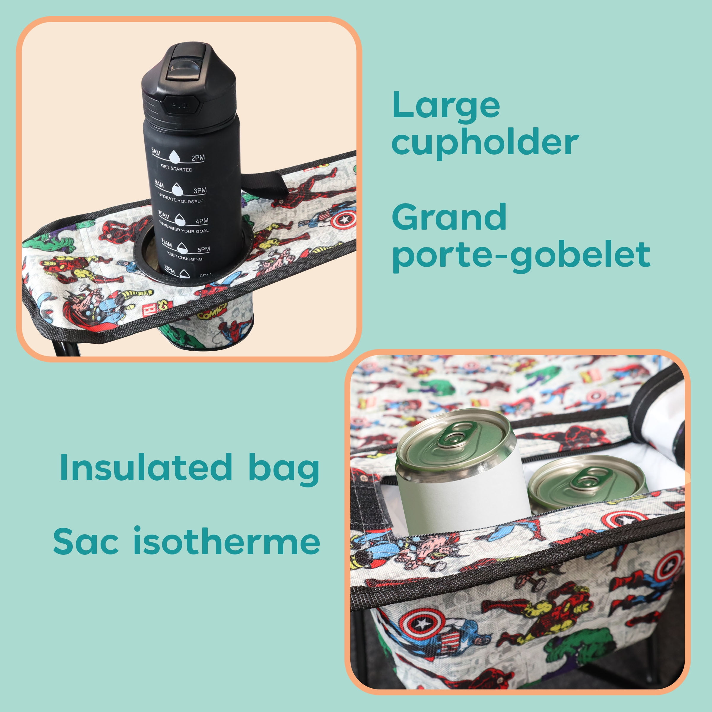 Danawares Chaise de camping pour adultes Avengers avec sac isotherme - Polyester avec poteaux en acier