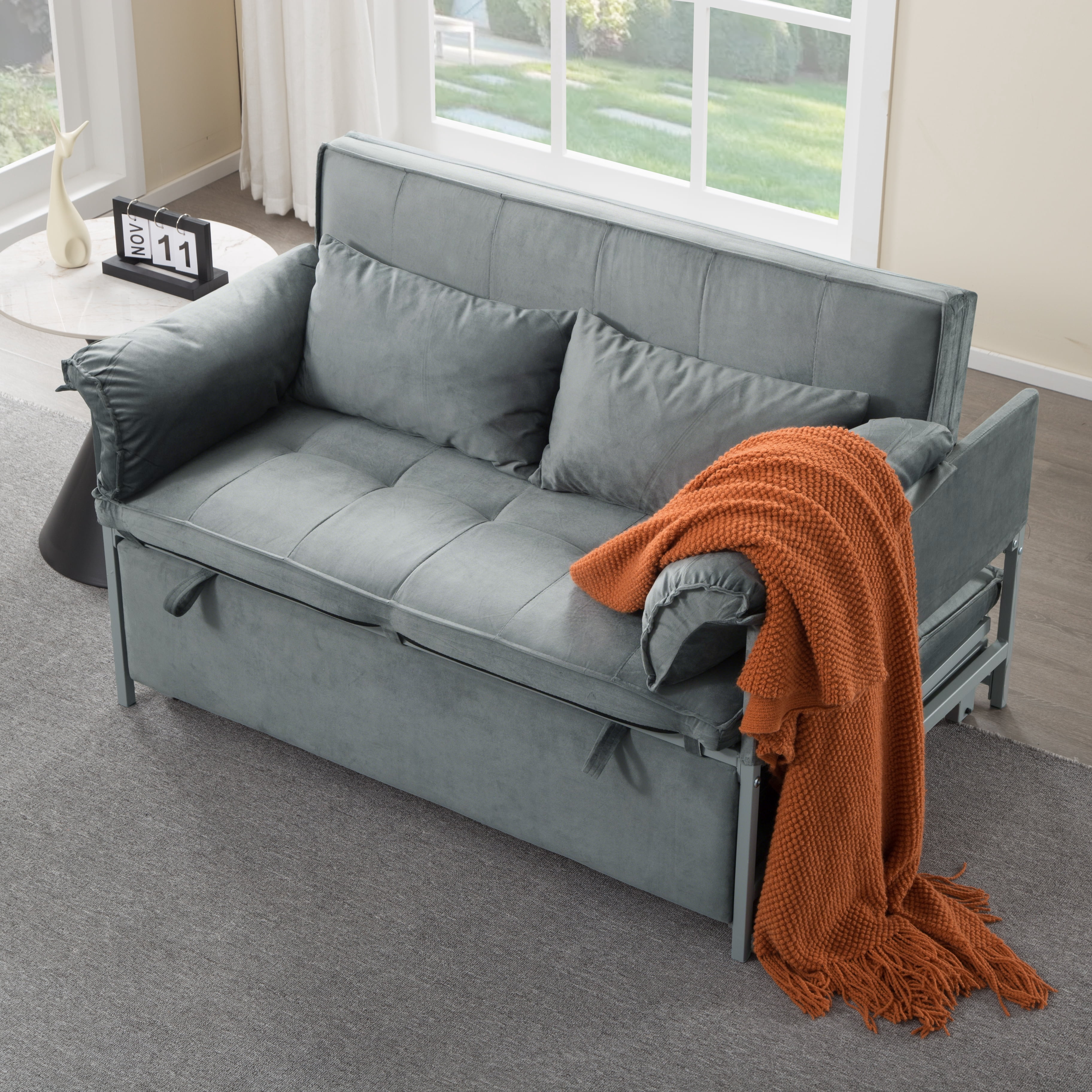 Gewnee 46"Convertible Sleeper Sofa – Pull-out Bed with 5 Reclining Positions,Movable Arm Cushion,Ideal for Apartment,Office,Guest Room.Gray