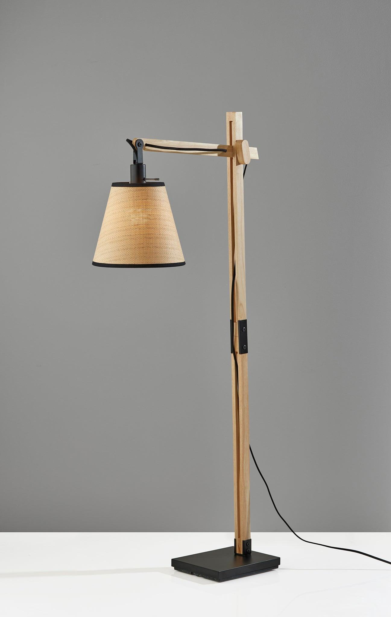 Adesso Walden 29.13" Industrial Adjustable Height Black Metal & Natural Wood Standard Lamps Floor Lamp with Black Metal & Natural Wood Shades