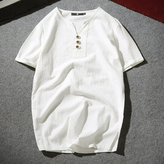 lmcalzta Plus Size Mens Linen T-Shirts Short Sleeve Button Lightweight Summer Beach Tshirt Tees Tops,M-5XL