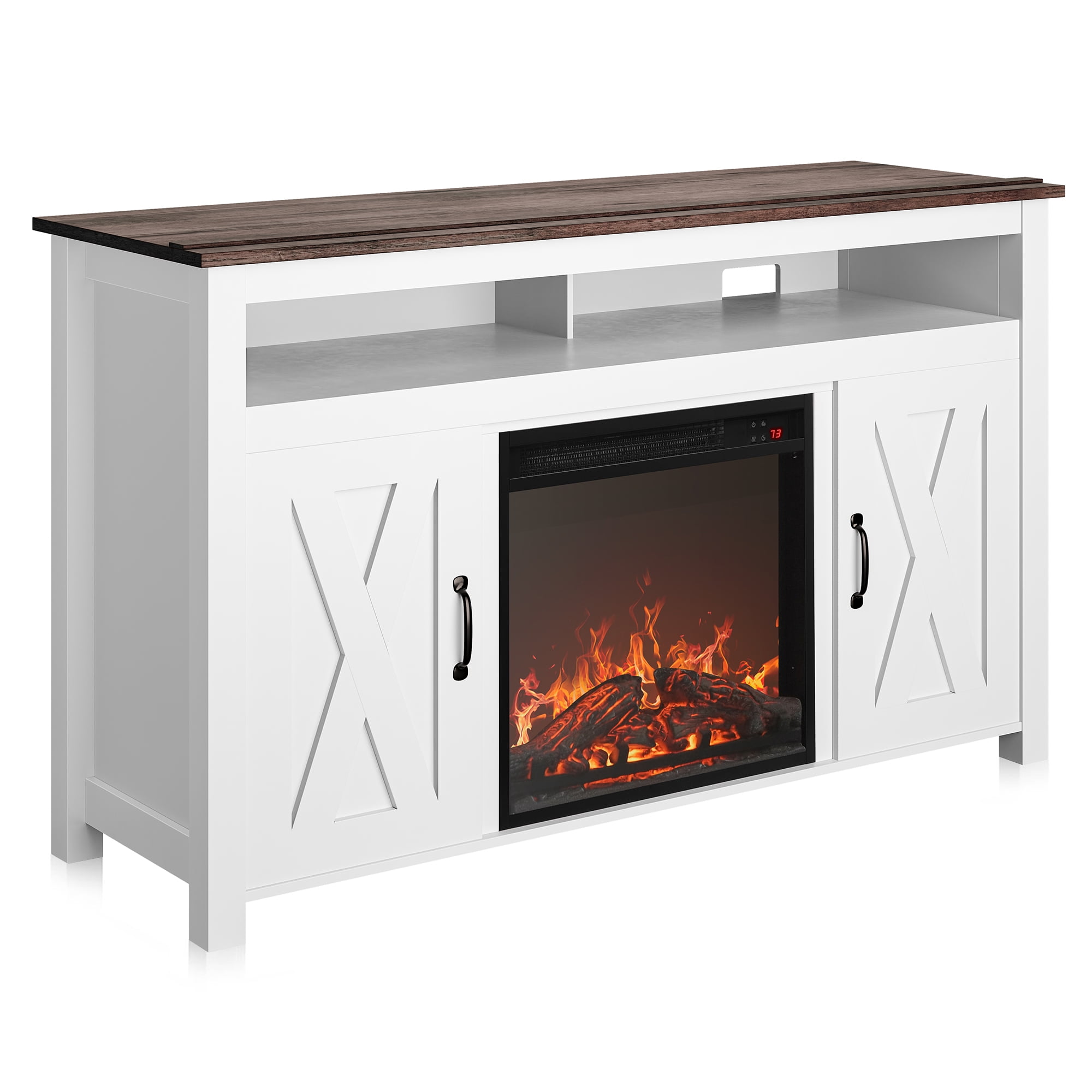 BELLEZE Modern 48 Inch Barn Door Wood TV Stand with 18 Inch Electric Fireplace & Media Entertainment Center Console Table for TV up to 50 Inch with Two Open Shelves and Cabinets - Corin (White)