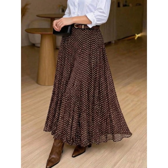 Women's High Waist Polka Dot Midi Skirt, Flowy Ruffled Hem A-Line Skirt for French Inspired Everyday Looks
