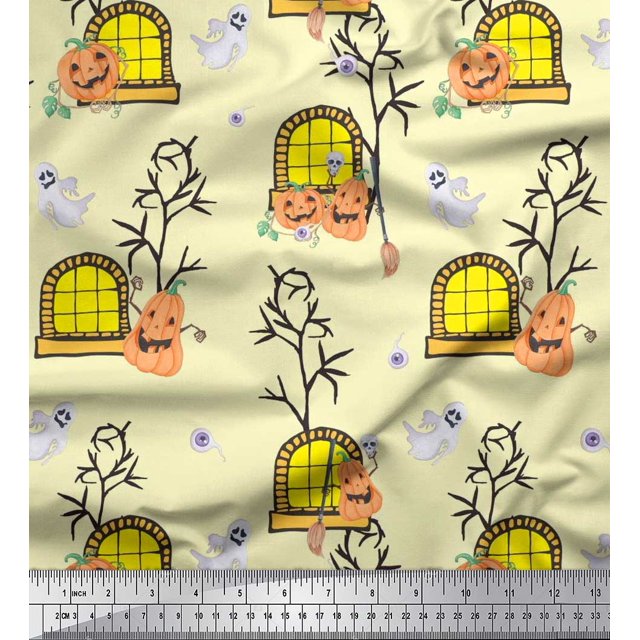 Soimoi Modal Satin Fabric Haunted House,Pumpkin & Ghost Halloween Print Sewing Fabric Yard 42 Inch Wide